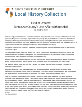 Field of Dreams: Santa Cruz County's Love Affair with Baseball by Geoffrey Dunn
