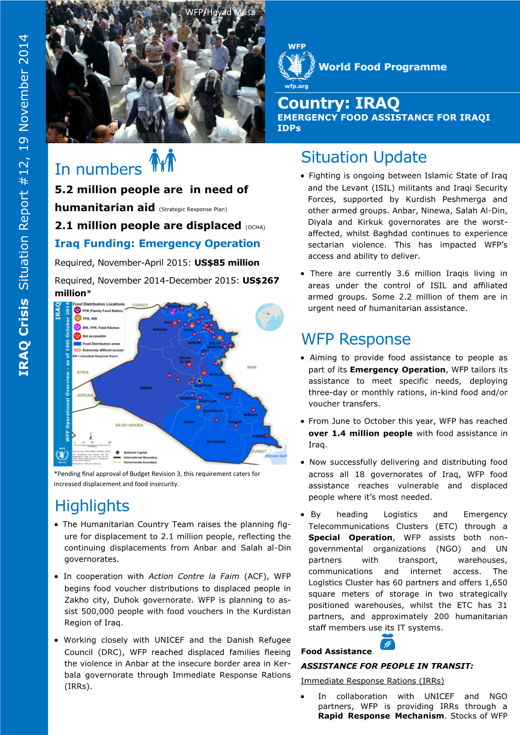 Country: IRAQ Situation Update WFP Response in Numbers Highlights