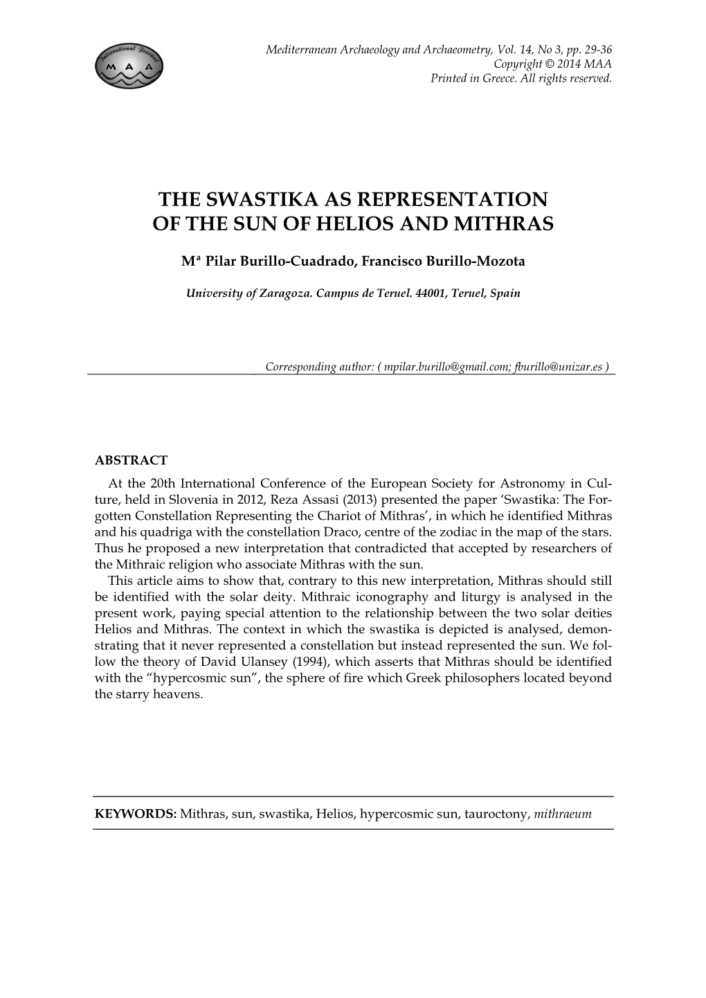 The Swastika As Representation of the Sun of Helios and Mithras