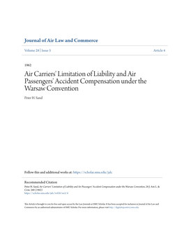 Air Carriers' Limitation of Liability and Air Passengers' Accident Compensation Under the Warsaw Convention Peter H