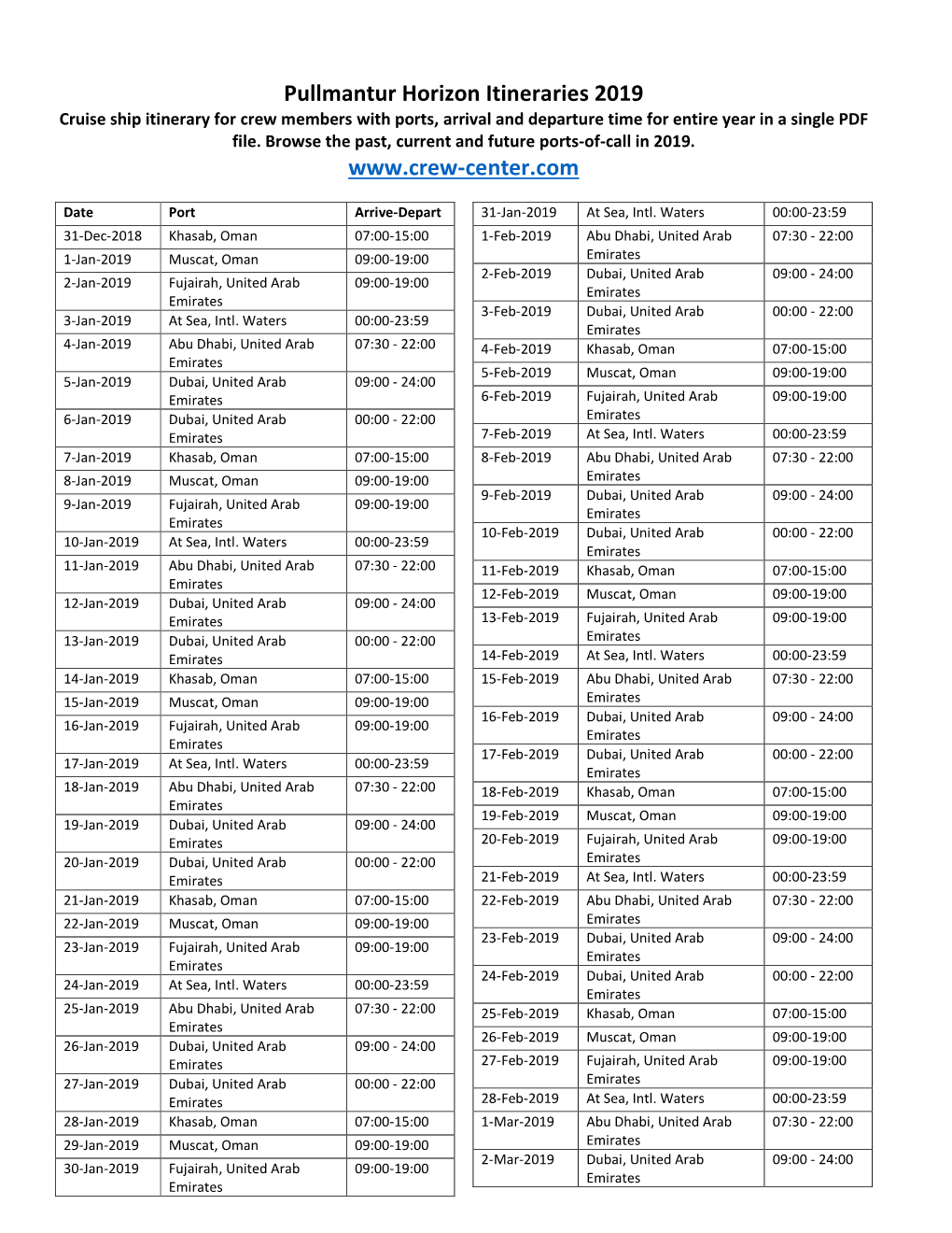 Pullmantur Horizon Itineraries 2019 Cruise Ship Itinerary for Crew Members with Ports, Arrival and Departure Time for Entire Year in a Single PDF File