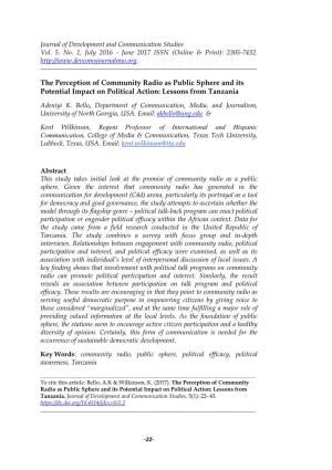 The Perception of Community Radio As Public Sphere and Its Potential Impact on Political Action: Lessons from Tanzania