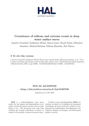 Coexistence of Solitons and Extreme Events in Deep Water Surface Waves