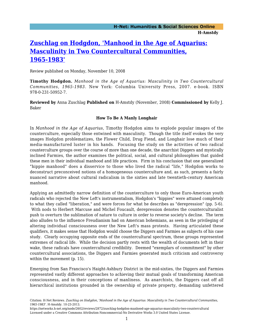 Zuschlag on Hodgdon, 'Manhood in the Age of Aquarius: Masculinity in Two Countercultural Communities, 1965-1983'