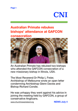 Australian Primate Rebukes Bishops' Attendance at GAFCON Consecration