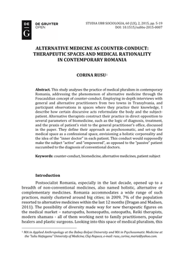 Alternative Medicine As Counter-Conduct: Therapeutic Spaces and Medical Rationality in Contemporary Romania