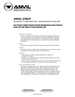 Anvil-Strut Price Sheet AS-3.11 | Effective: March 7, 2011 | Cancels Price Sheet AS-7.10 of July 6, 2010