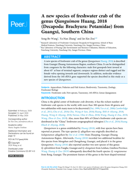 A New Species of Freshwater Crab of the Genus Qianguimon Huang, 2018 (Decapoda: Brachyura: Potamidae) from Guangxi, Southern China