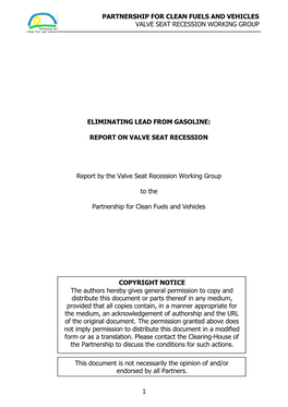 Eliminating Lead from Gasoline: Partnership for Clean Fuels and Vehicles Report on Valve Seat Recession