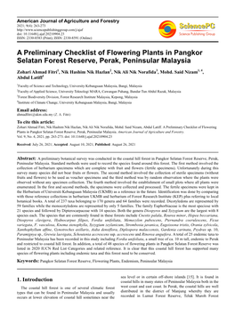 A Preliminary Checklist of Flowering Plants in Pangkor Selatan Forest Reserve, Perak, Peninsular Malaysia