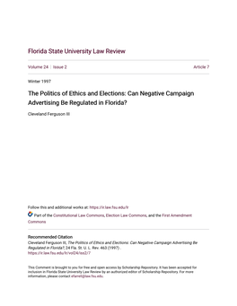 The Politics of Ethics and Elections: Can Negative Campaign Advertising Be Regulated in Florida?