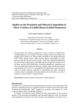 Studies on the Proximate and Mineral Composition of Three Varieties of Lablab Beans (Lablab Purpureus)