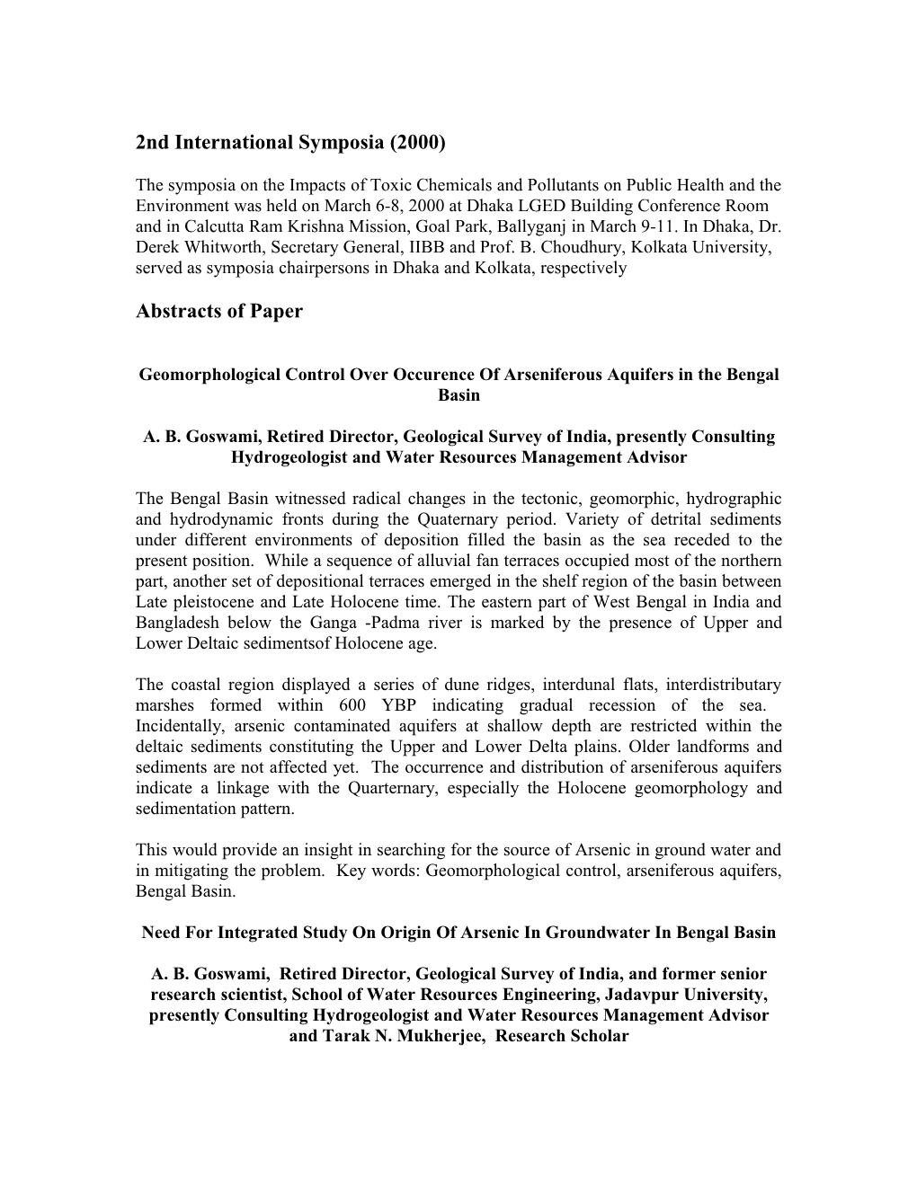 Geomorphological Control Over Occurance of Arseniferous Aquifers in The