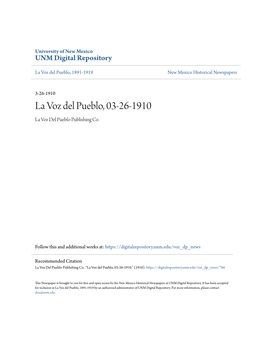 La Voz Del Pueblo, 03-26-1910 La Voz Del Pueblo Publishing Co