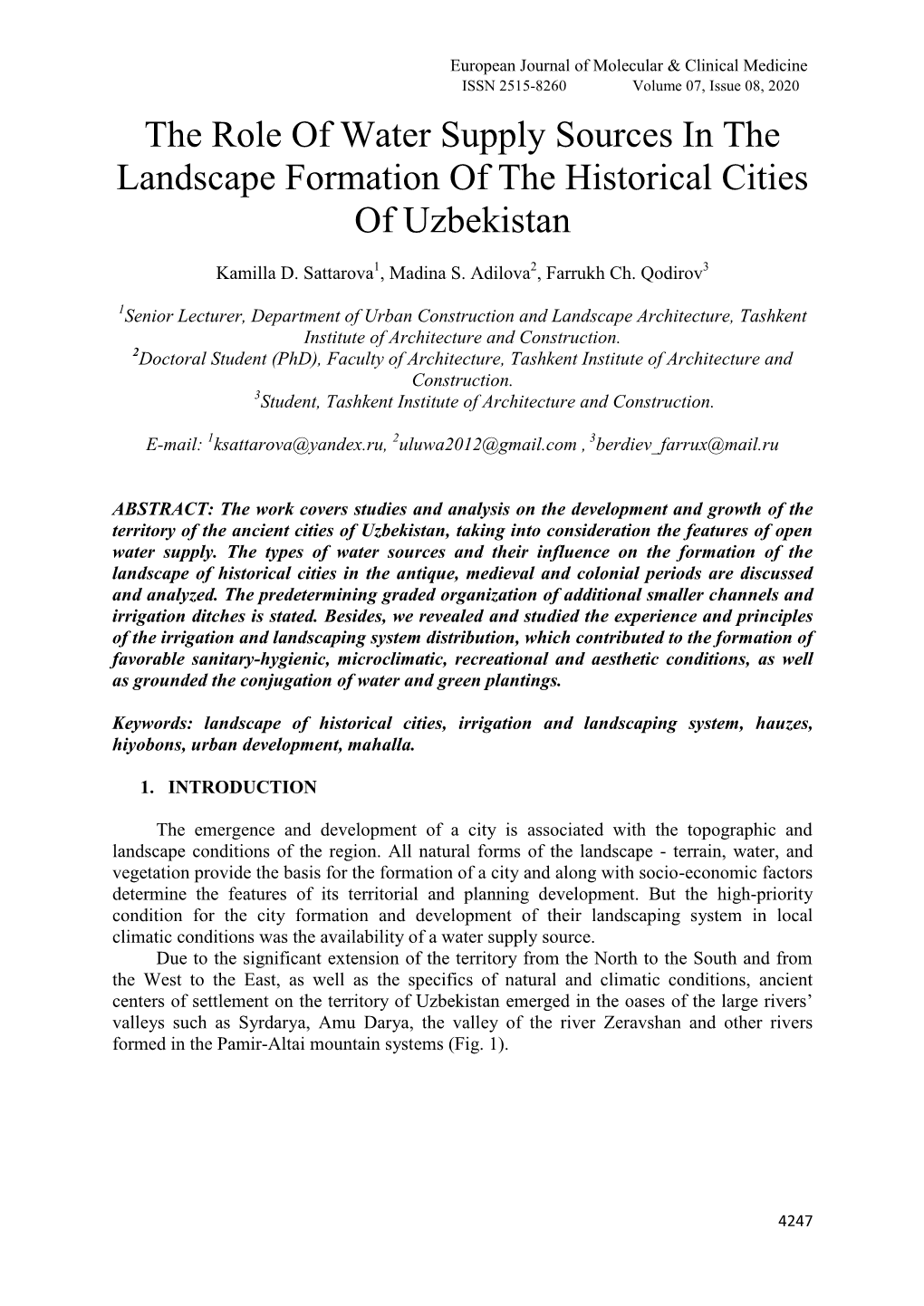 The Role of Water Supply Sources in the Landscape Formation of the Historical Cities of Uzbekistan