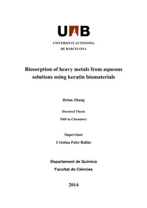Biosorption of Heavy Metals from Aqueous Solutions Using Keratin Biomaterials