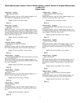 Music Manuscripts: Series 4: Part 3: British Library, London: Section A: English Manuscripts, C.1640-1714 Author Index