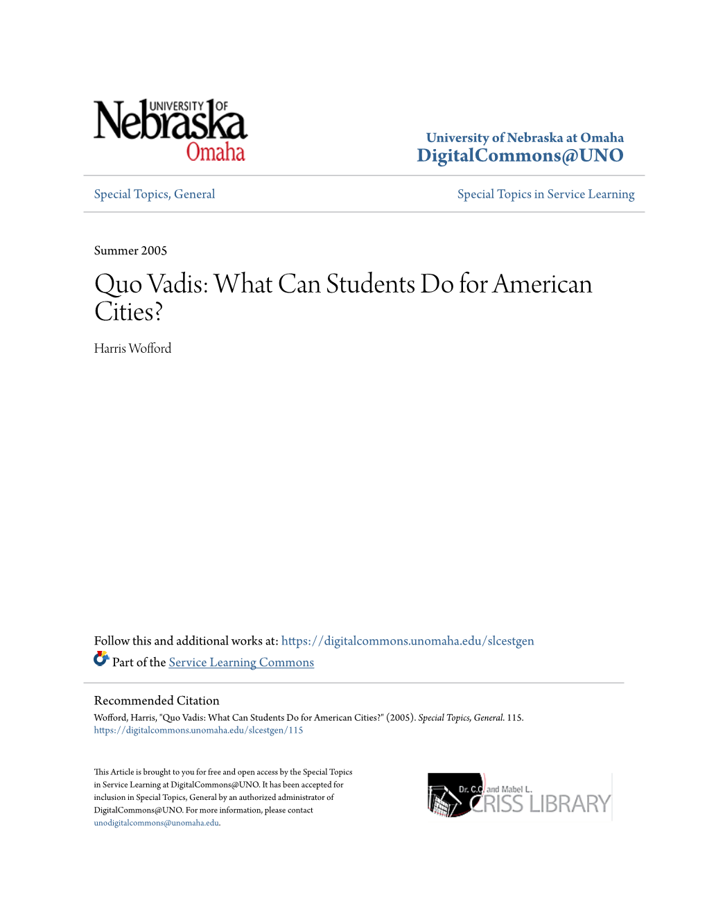 Quo Vadis: What Can Students Do for American Cities? Harris Wofford