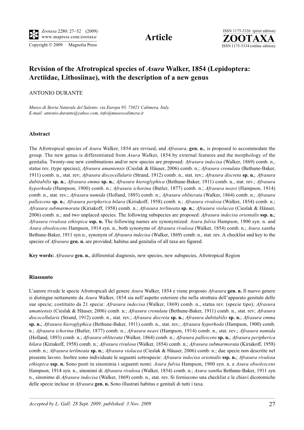 Zootaxa, Revision of the Afrotropical Species of Asura