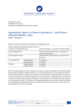 Assessment Report on Rheum Palmatum L. and Rheum Officinale Baillon, Radix. Draft