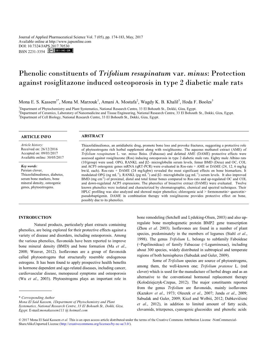 Phenolic Constituents of Trifolium Resupinatum Var. Minus: Protection Against Rosiglitazone Induced Osteoporosis in Type 2 Diabetic Male Rats