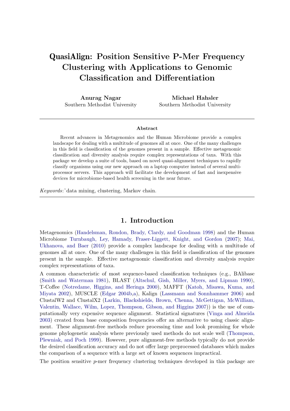 Quasialign: Position Sensitive P-Mer Frequency Clustering with Applications to Genomic Classiﬁcation and Diﬀerentiation