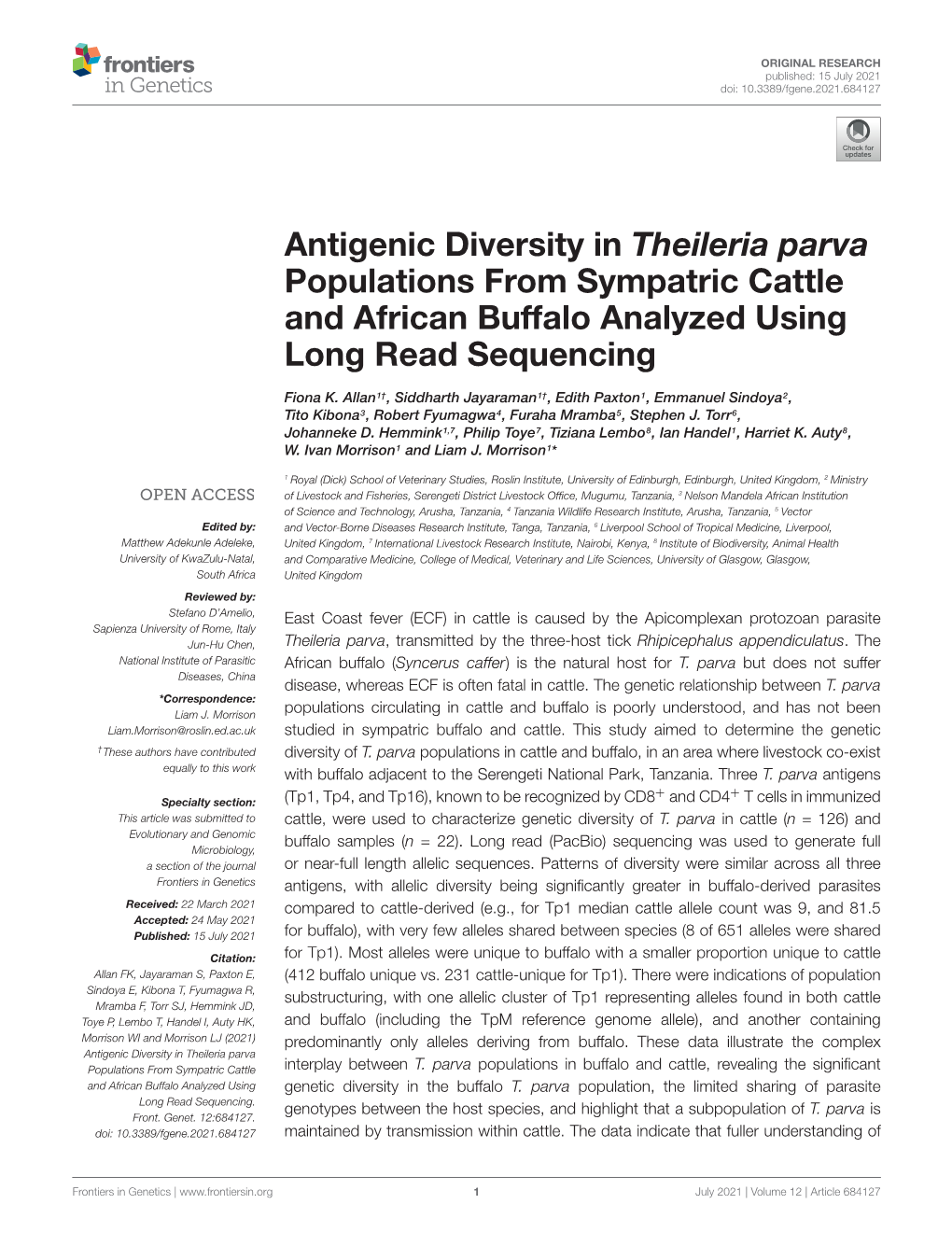 Antigenic Diversity in Theileria Parva Populations from Sympatric Cattle and African Buffalo Analyzed Using Long Read Sequencing