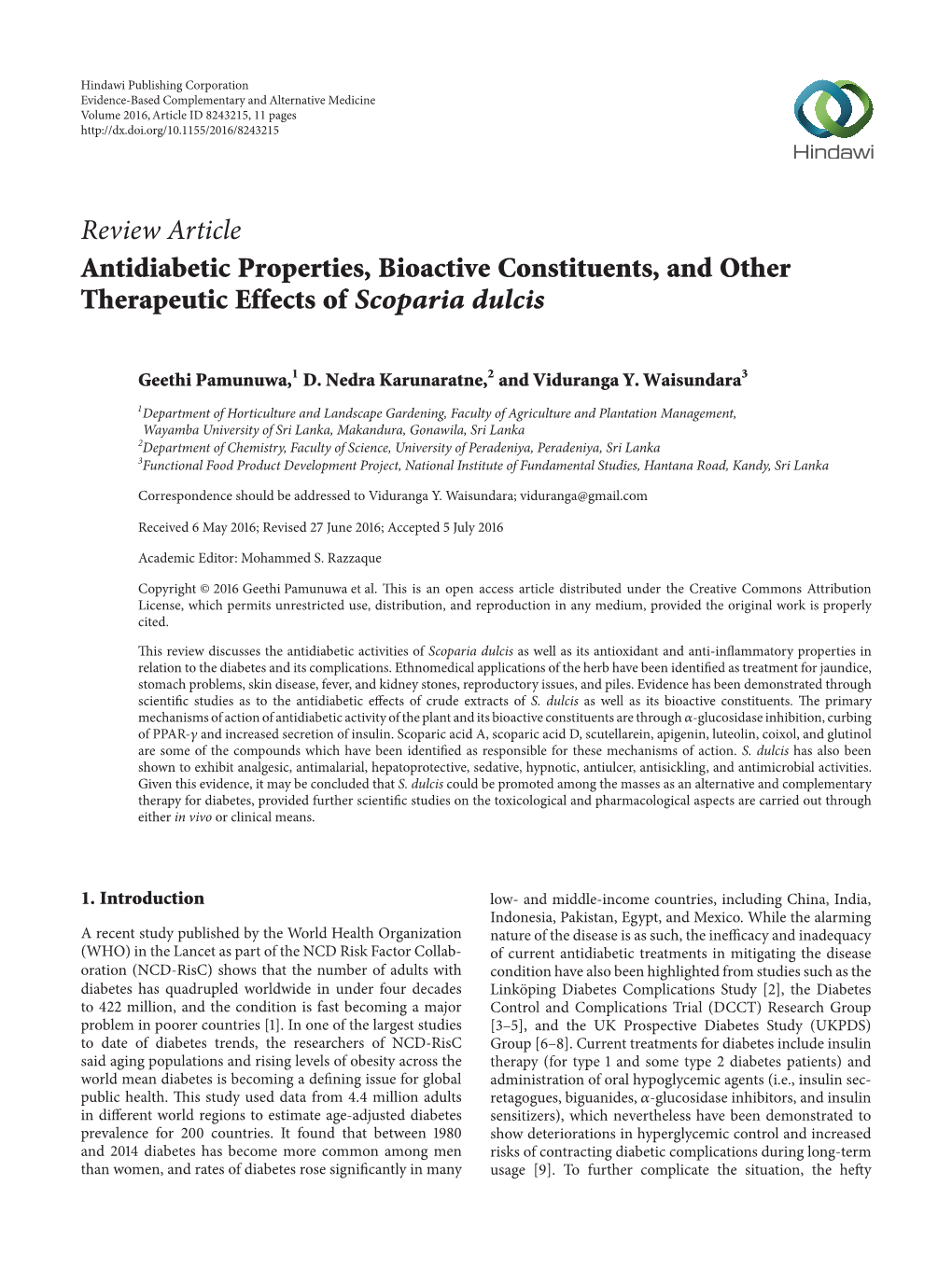 Antidiabetic Properties, Bioactive Constituents, and Other Therapeutic Effects of Scoparia Dulcis