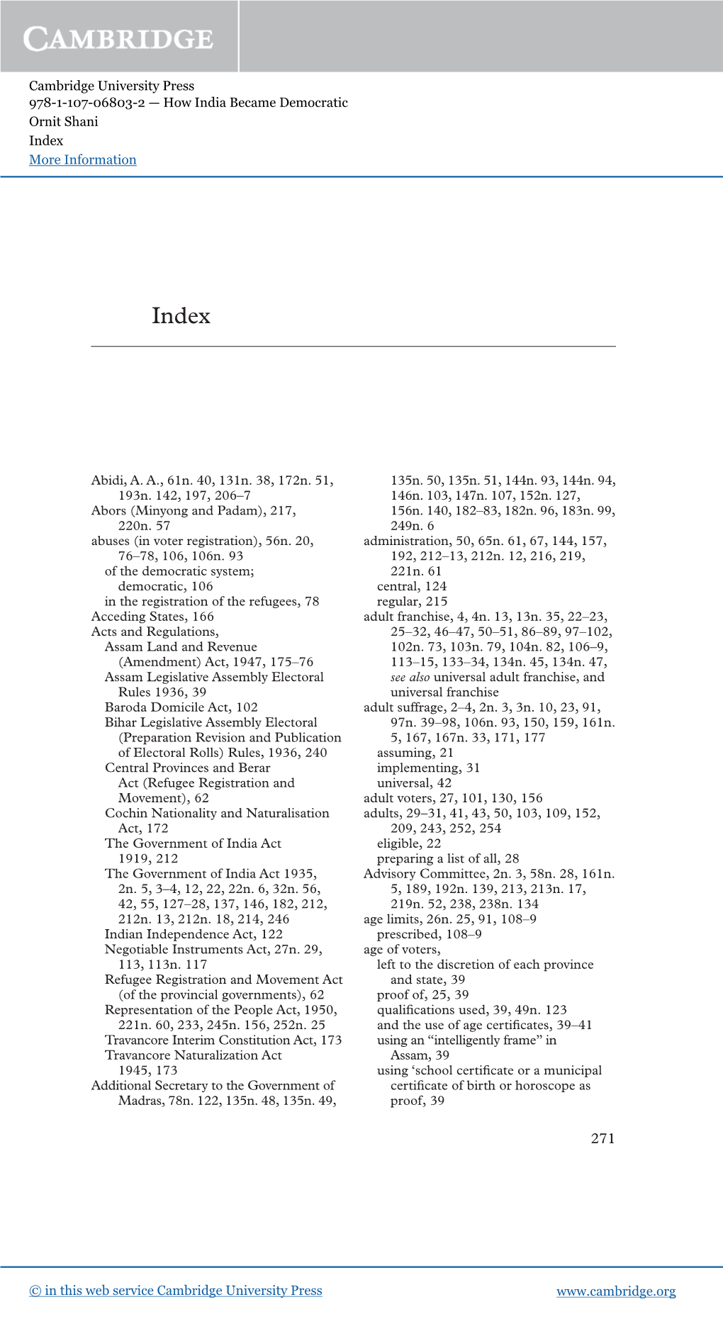 Cambridge University Press 978-1-107-06803-2 — How India Became Democratic Ornit Shani Index More Information 271