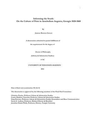 On the Culture of Print in Antebellum Augusta, Georgia 1828-1860