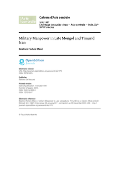 Military Manpower in Late Mongol and Timurid Iran