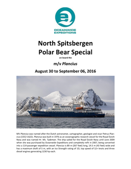 North Spitsbergen Polar Bear Special on Board the M/V Plancius August 30 to September 06, 2016