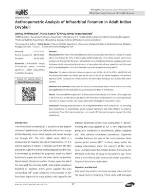 Anthropometric Analysis of Infraorbital Foramen in Adult Indian Dry Skull