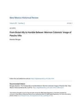 Mormon Colonists' Image of Pancho Villa