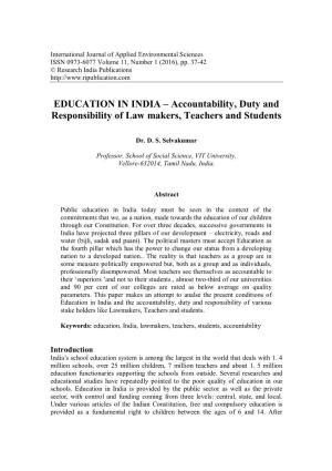 EDUCATION in INDIA – Accountability, Duty and Responsibility of Law Makers, Teachers and Students