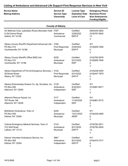 Listing of Ambulance and Advanced Life Support First Response Services in New York