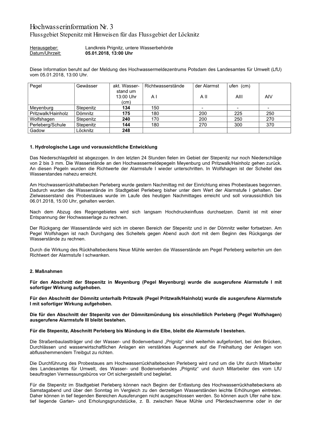 Hochwasserinformation Nr. 3 Flussgebiet Stepenitz Mit Hinweisen Für Das Flussgebiet Der Löcknitz