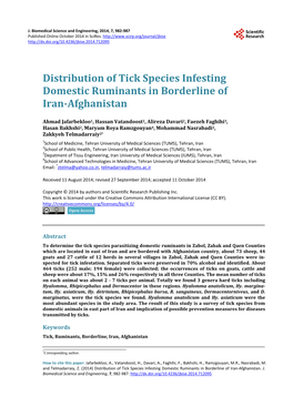 Distribution of Tick Species Infesting Domestic Ruminants in Borderline of Iran-Afghanistan