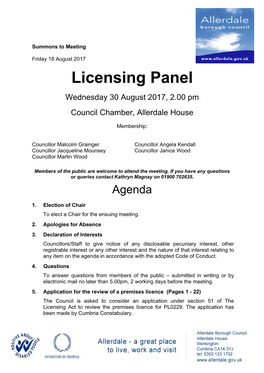 (Public Pack)Agenda Document for Licensing Panel, 30/08/2017 14:00