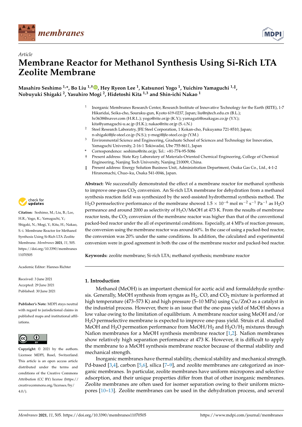 Membrane Reactor for Methanol Synthesis Using Si-Rich LTA Zeolite Membrane