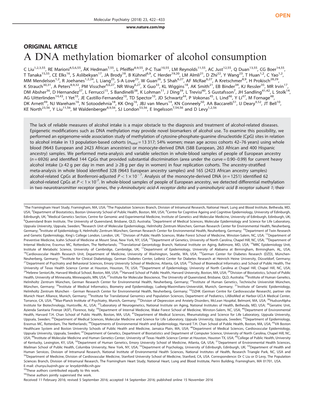 A DNA Methylation Biomarker of Alcohol Consumption