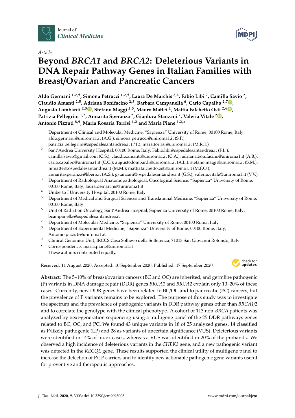 Beyond BRCA1 and BRCA2: Deleterious Variants in DNA Repair Pathway Genes in Italian Families with Breast/Ovarian and Pancreatic Cancers