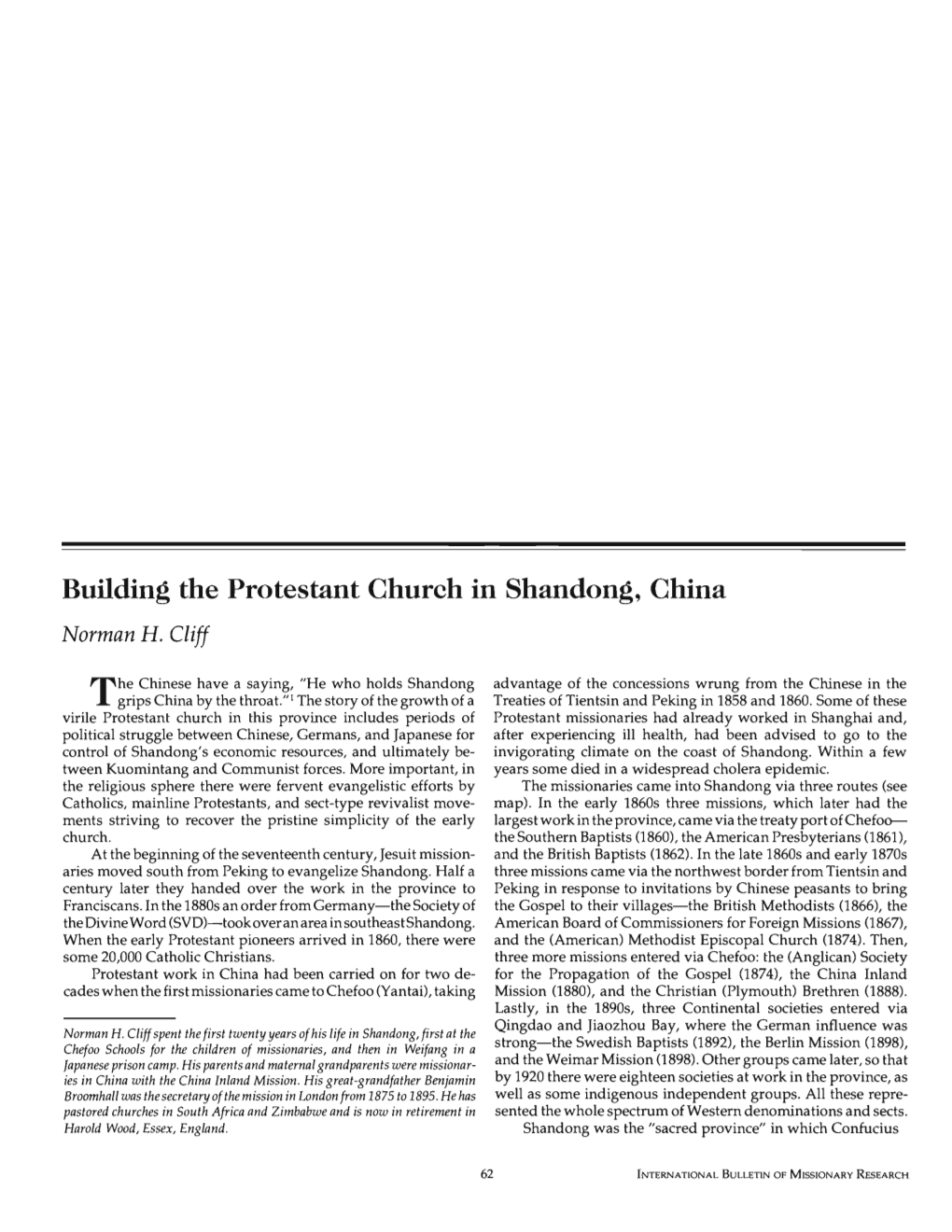 Building the Protestant Church in Shandong, China Norman H