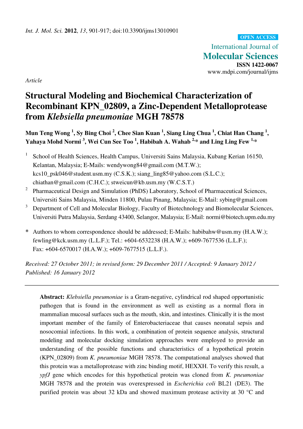 Structural Modeling and Biochemical Characterization of Recombinant KPN 02809, a Zinc-Dependent Metalloprotease from Klebsiella Pneumoniae MGH 78578