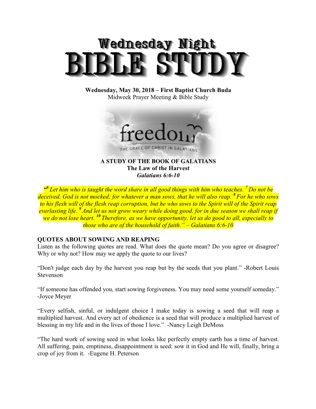 FBC Buda Bible Study 5.30.18.Freedom.The Grace Of