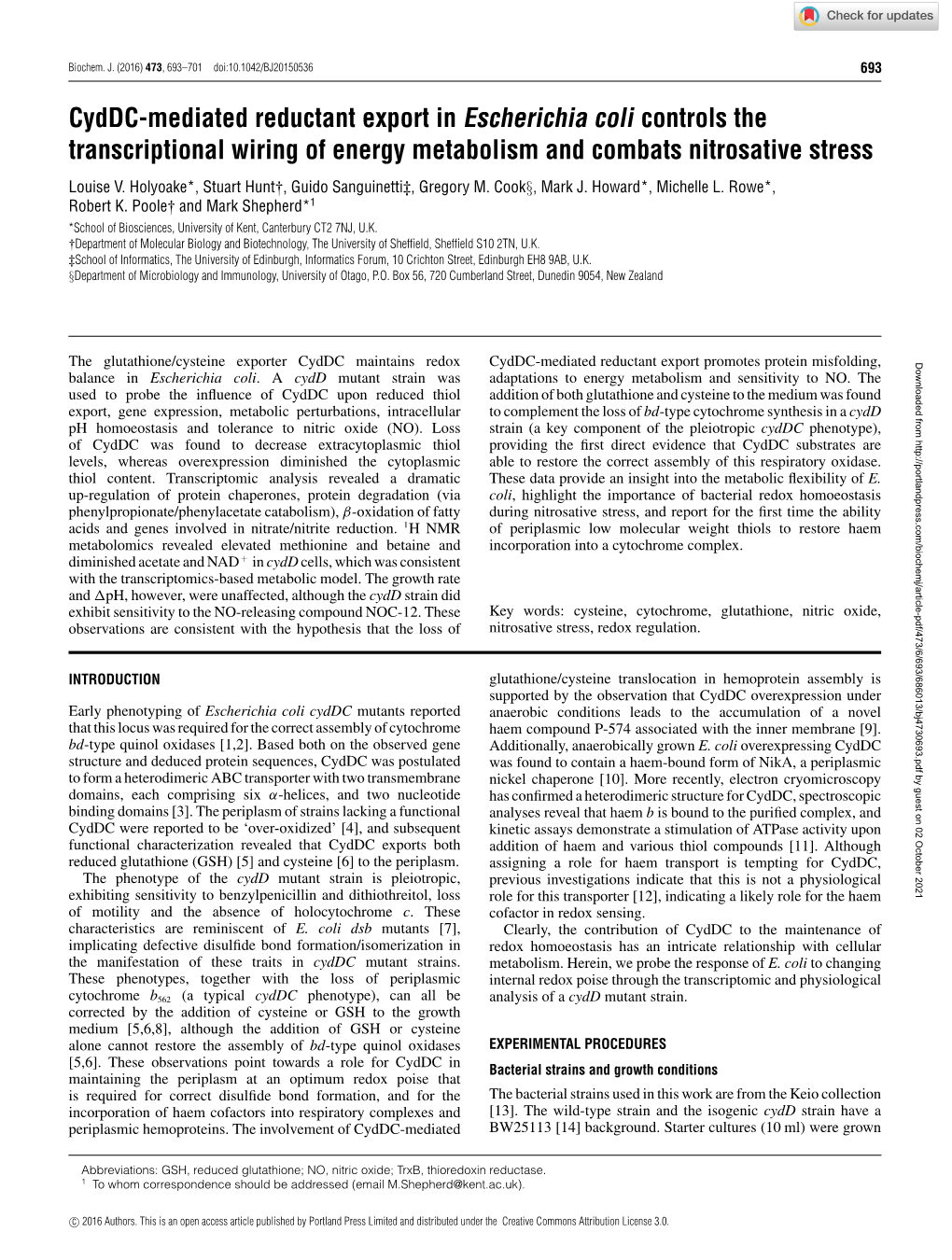 Cyddc-Mediated Reductant Export in Escherichia Coli Controls the Transcriptional Wiring of Energy Metabolism and Combats Nitrosative Stress Louise V