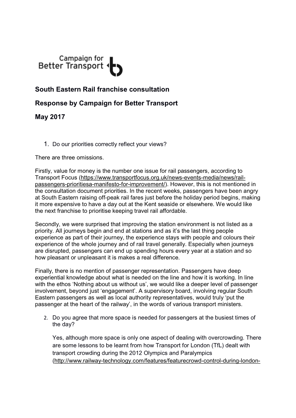 South Eastern Rail Franchise Consultation Response By
