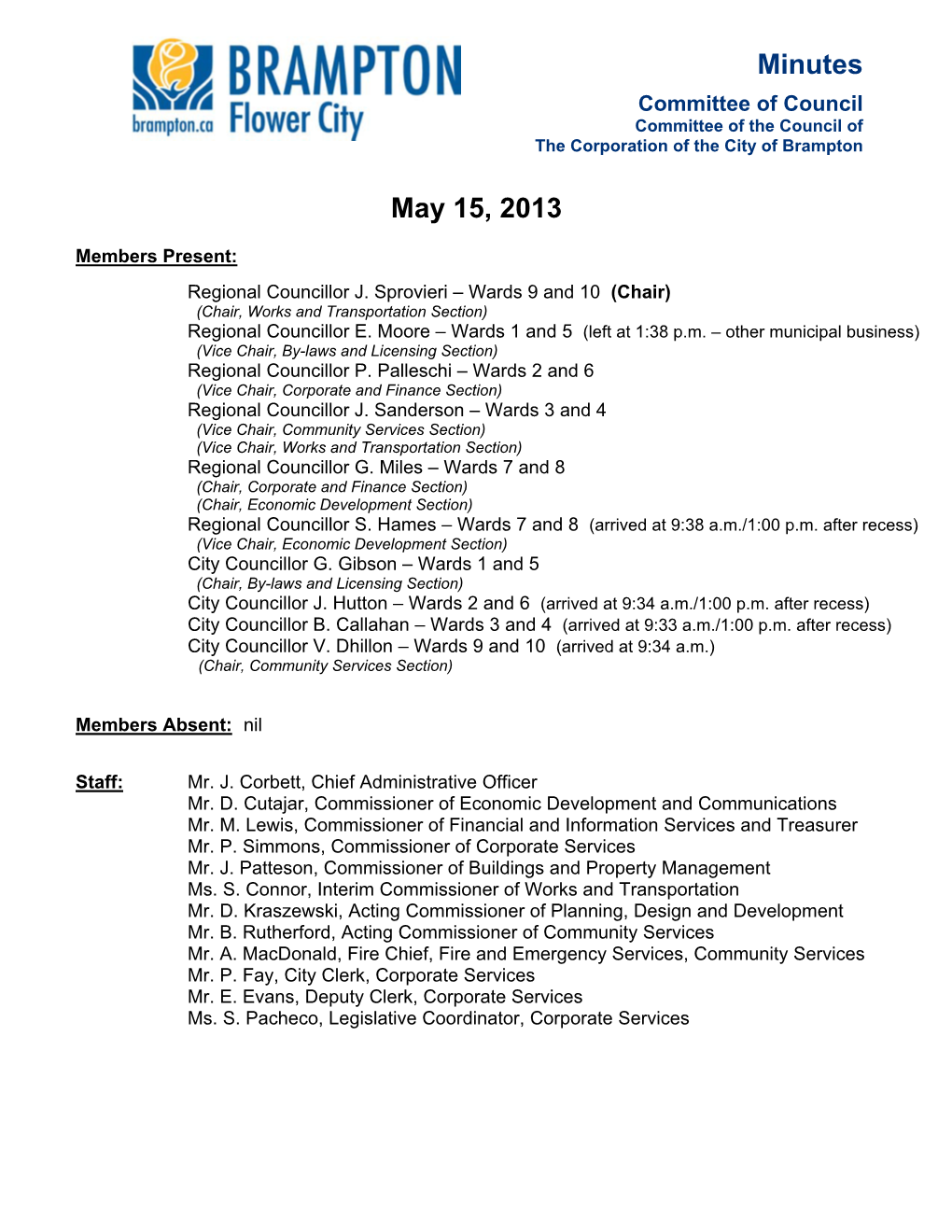 Committee of Council Minutes for May 15, 2013