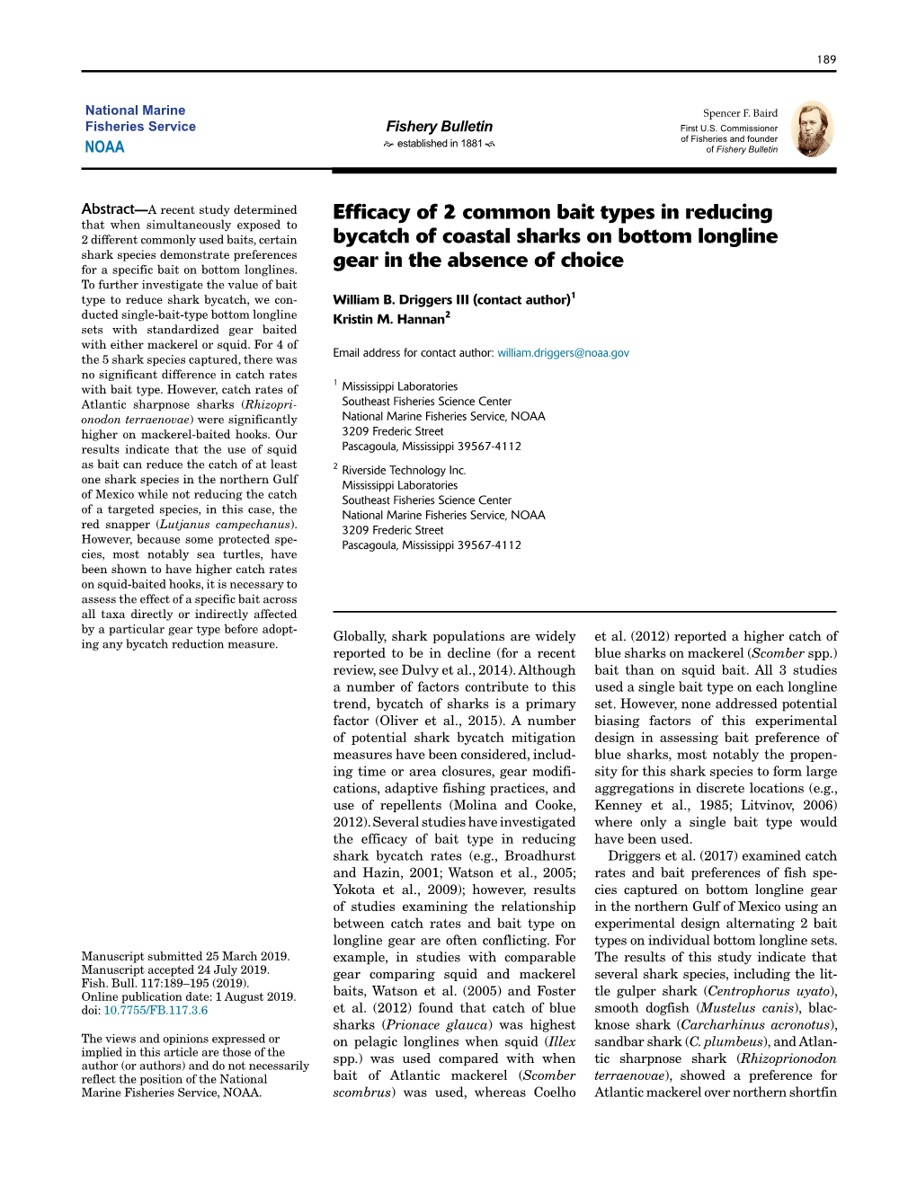 Efficacy of 2 Common Bait Types in Reducing Bycatch of Coastal Sharks 191