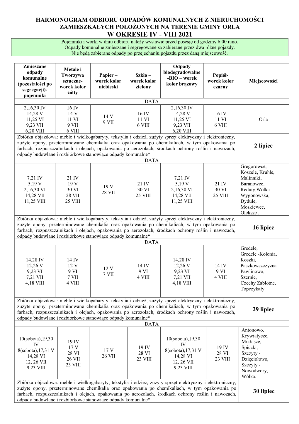 Harmonogram Odbioru Odpadów Komunalnych Z